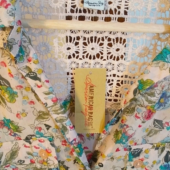 American Rag Cie Tan Floral Crop 3/4 Button Roll Up Tap Sleeves Blouse Size S - Picture 12 of 12